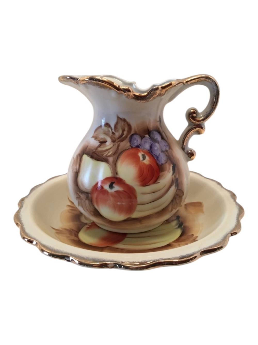 Vintage Hand-Painted Fruit Motif Porcelain Pitcher and Bowl -Japan